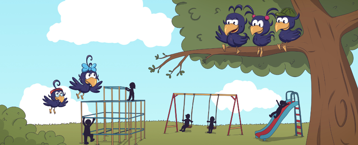 Two happy children swinging on swings at the park playground