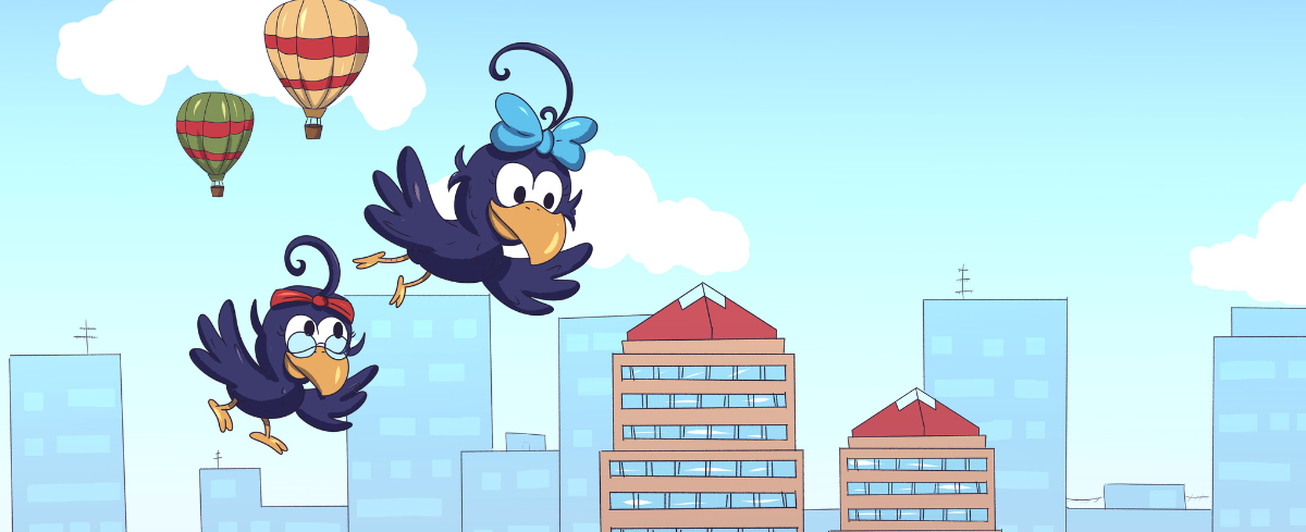 A serene scene of Curly Crow flying past colorful hot air balloons in the park against a blue sky backdrop and Albuquerque skyline