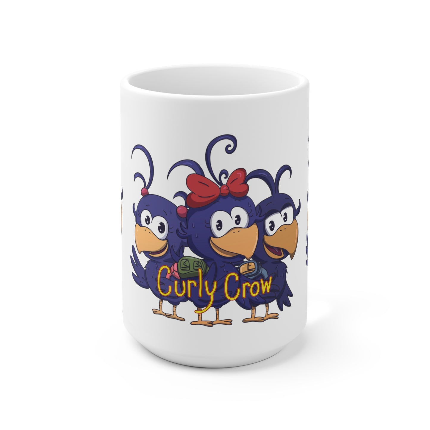 Curly Crow character mug with book characters