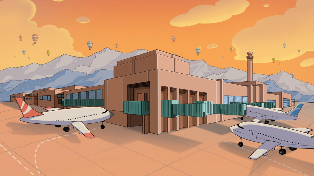 Curly Crow Goes to the Sunport Bilingual Spanish Book back cover of book showing New Mexico sunset with orange and pink skies. 