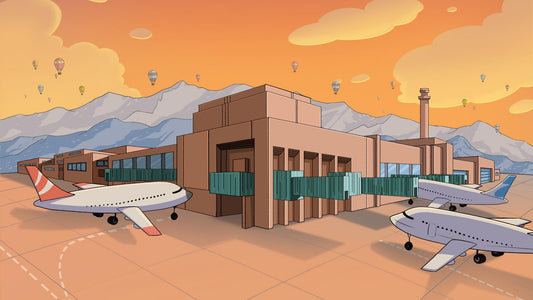 Curly Crow Goes to the Sunport Bilingual Spanish Book back cover of book showing New Mexico sunset with orange and pink skies. 