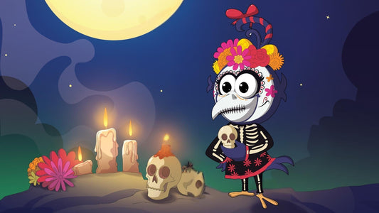 Image of Curly Crow dressed in Day of the Dead costume. Curly Crow Spanish Books.