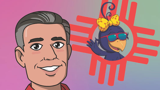 Children's author Nicholas Aragon with Curly Crow animated characters with New Mexico vibe