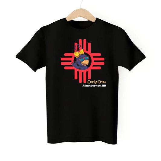 Black t-shirt with a red and blue graphic design on a white background