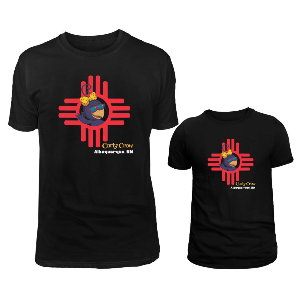Two black t-shirts with a red and yellow logo on a white background