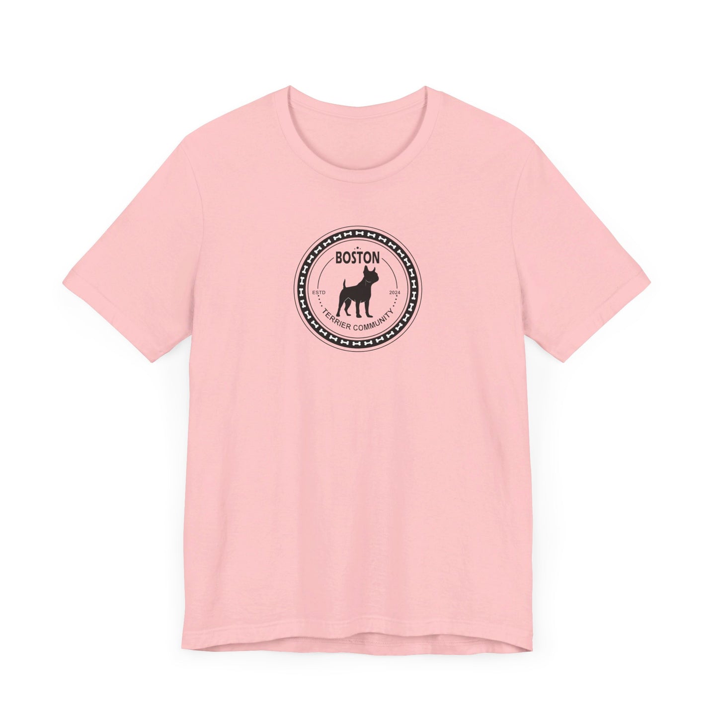 Curly Crow Boston Terrier graphic on a pink shirt featuring a playful Boston Terrier