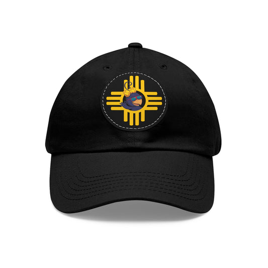 Black cap with a yellow and blue emblem on a white background
