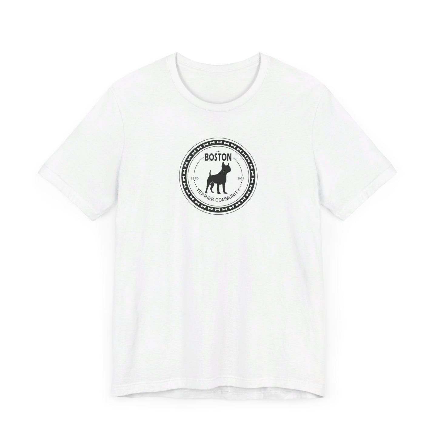 Curly Crow Boston Terrier graphic on a white shirt featuring a playful Boston Terrier