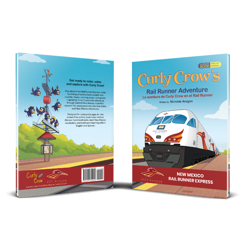 Book cover of 'Curly Crow's Rail Runner Adventure' with a train illustration on a white background