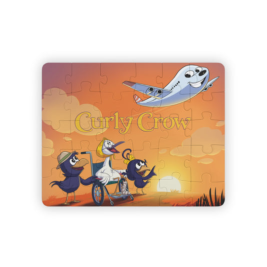 Fully assembled puzzle showing Curly Crow piloting a bright red airplane over fluffy clouds.