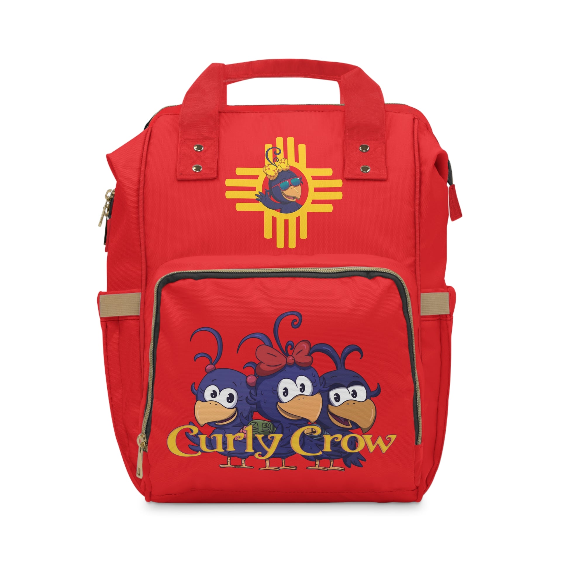 Red backpack with 'Curly Crow' design on a white background