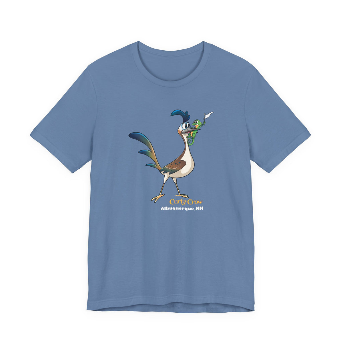 A short-sleeve crewneck t-shirt featuring a cartoon graphic of the New Mexican roadrunner.