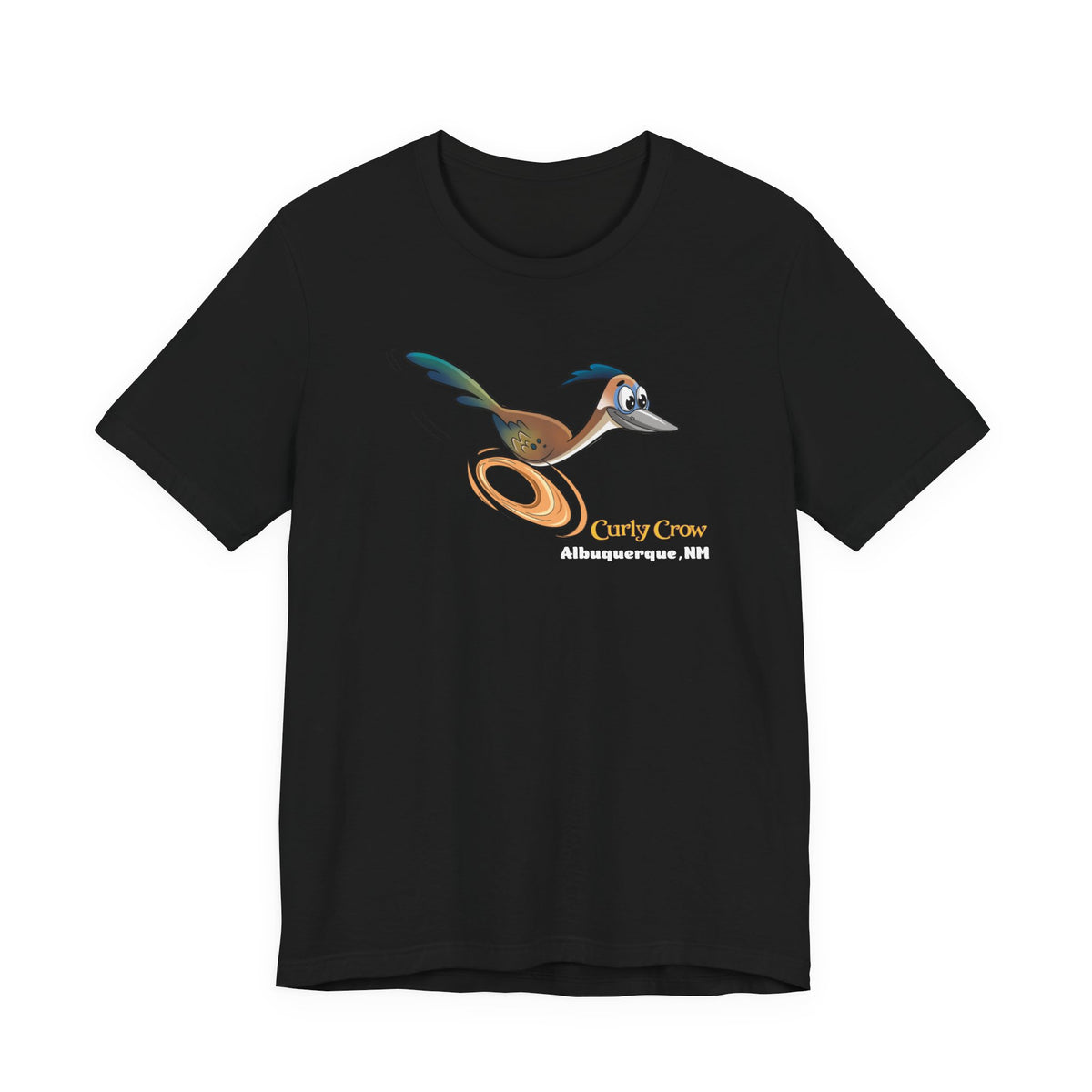 A black short-sleeve crewneck t-shirt featuring a Curly Crow cartoon graphic of the New Mexican roadrunner.