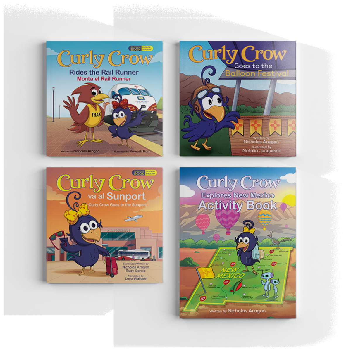 Curly Crow New Mexico Adventure Book Bundle featuring Rail Runner, Balloon Fiesta, and Sunport children's books.