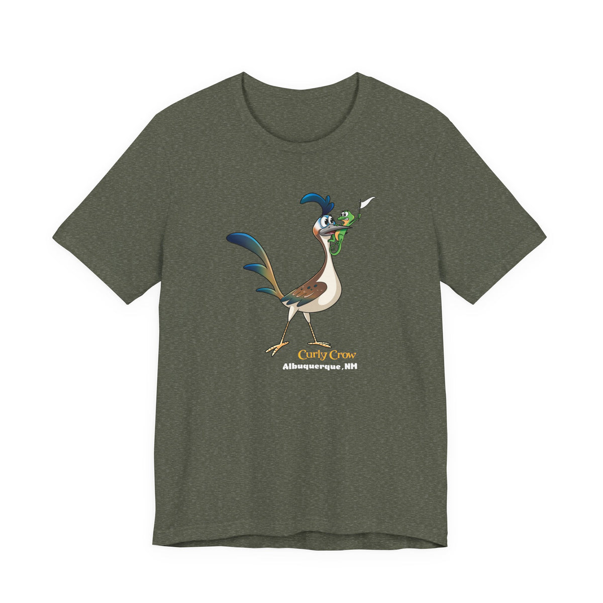 A green short-sleeve crewneck t-shirt featuring a cartoon graphic of the New Mexican roadrunner.