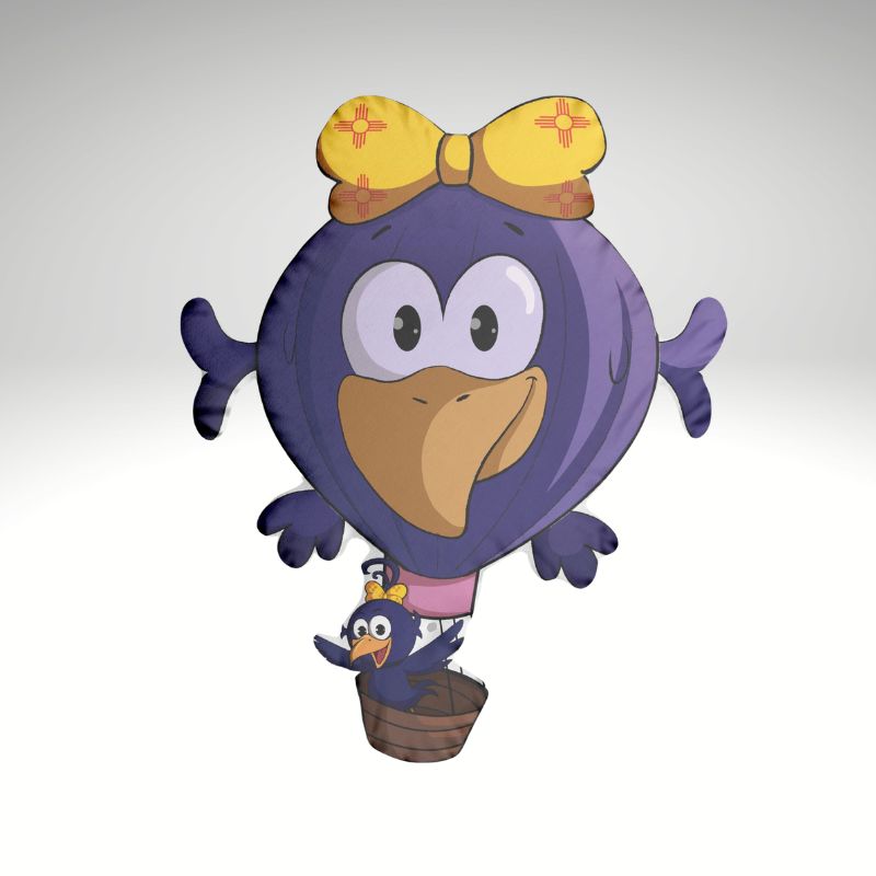A Curly Crow shaped hot air balloon with a large yellow bow, with curly crow riding in the basket.