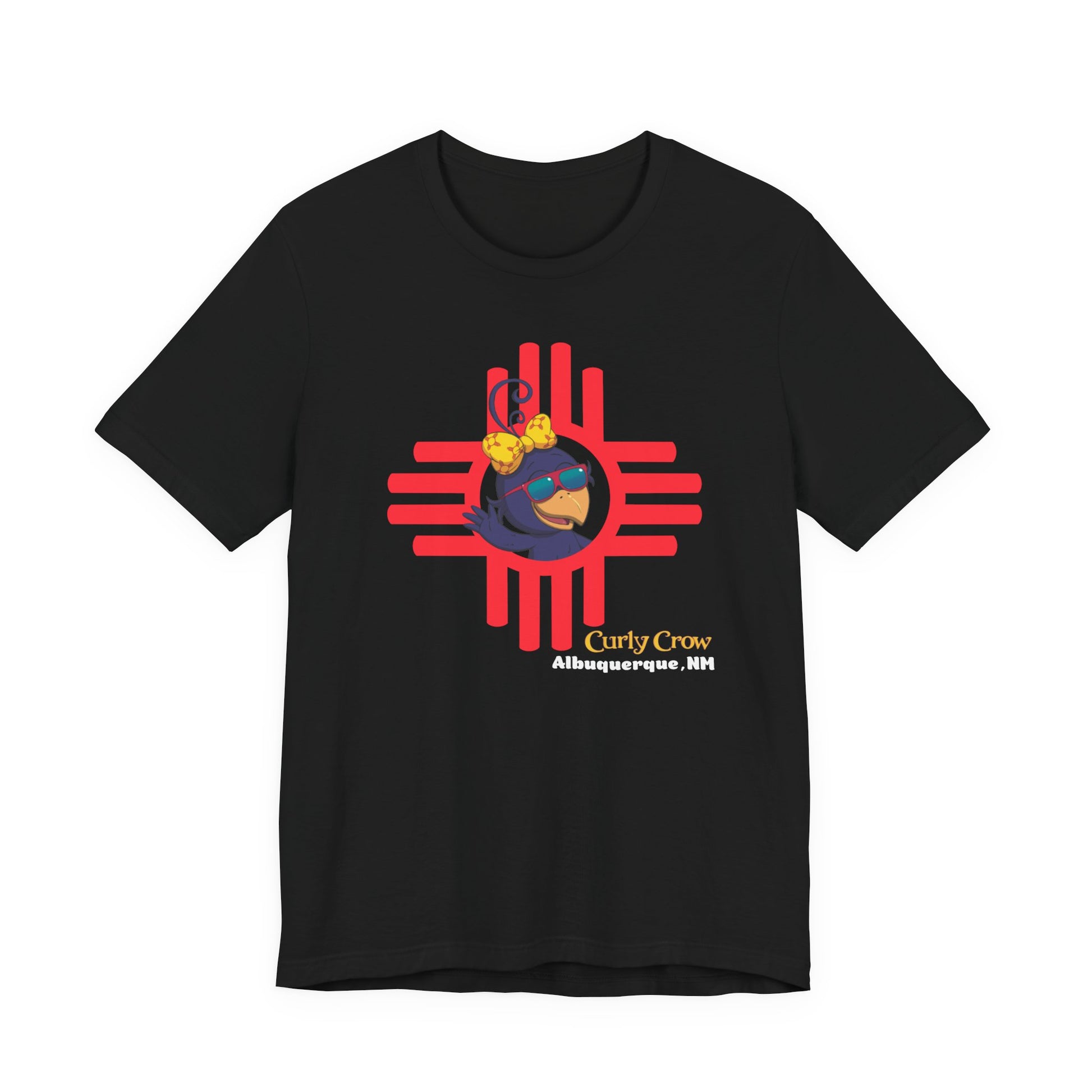Black t-shirt with a colorful Curly Crow New Mexico Zia graphic design on a white background