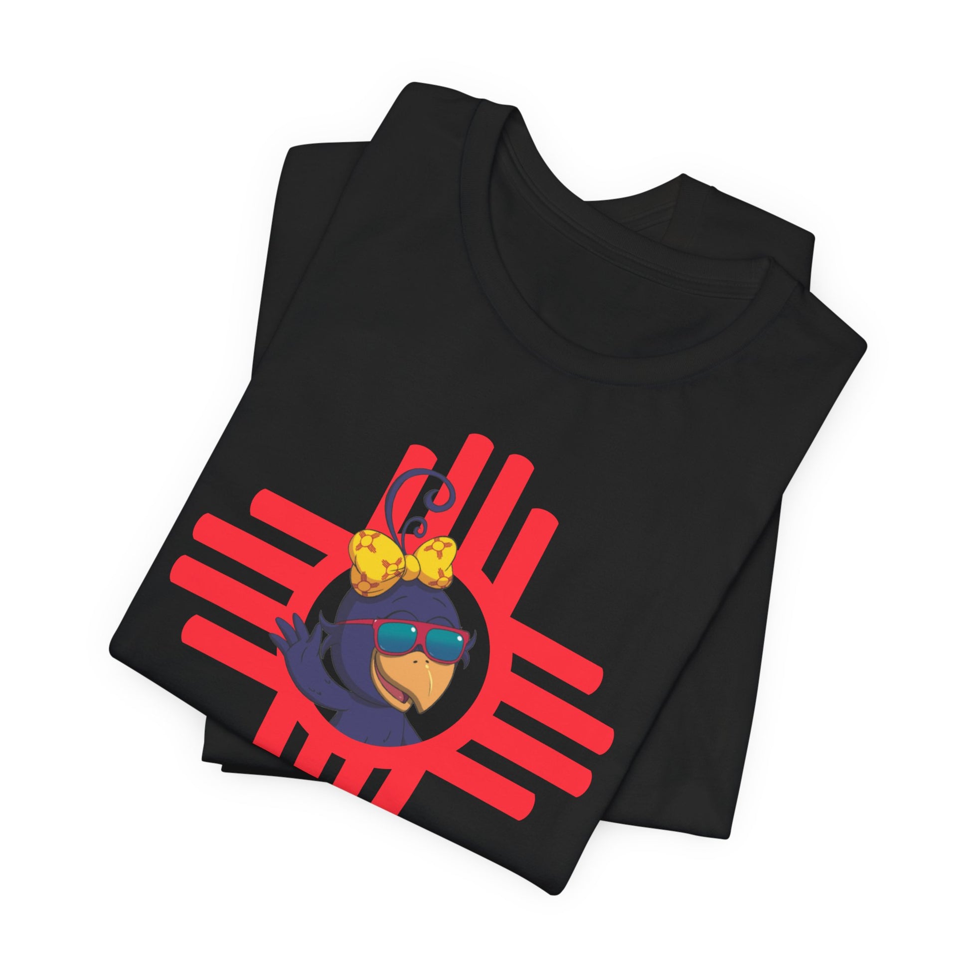 Black t-shirt with a colorful Curly Crow New Mexico Zia graphic design on a white background