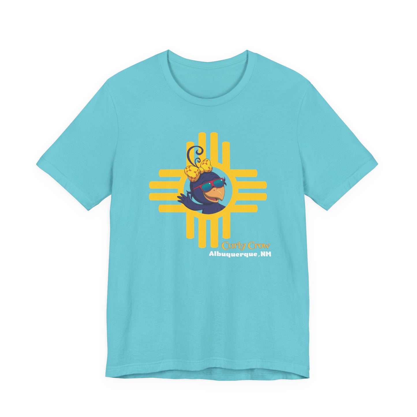 Light blue t-shirt with a yellow and black graphic design on a white background