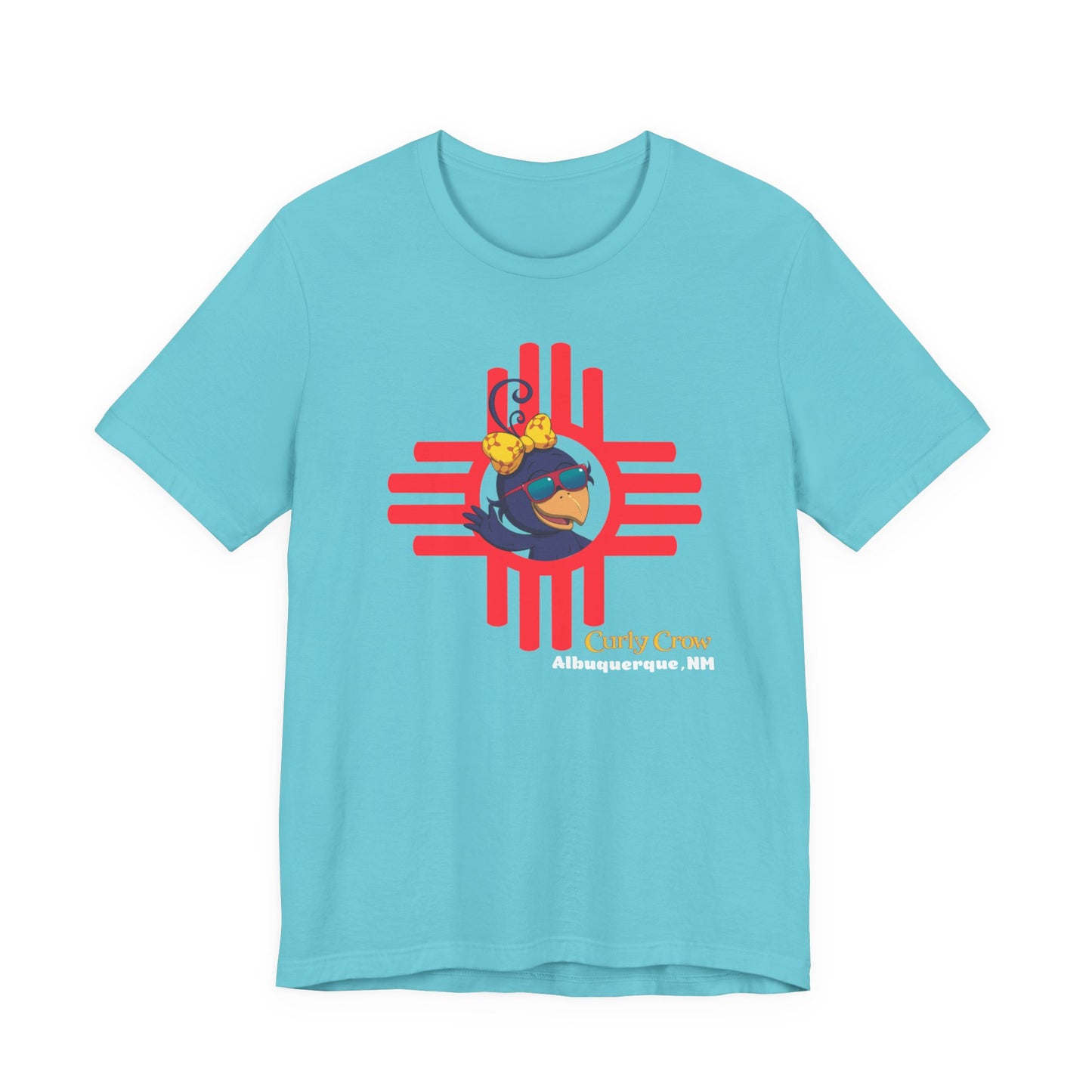 Light blue t-shirt with a red and black graphic design on a white background