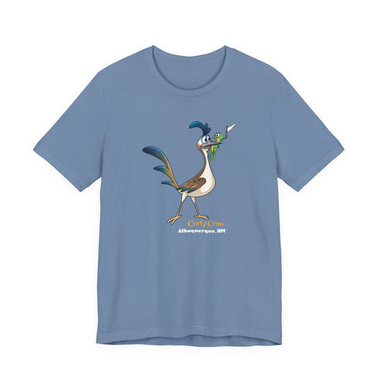 A blue short-sleeve crewneck t-shirt featuring a cartoon graphic of the New Mexican roadrunner.