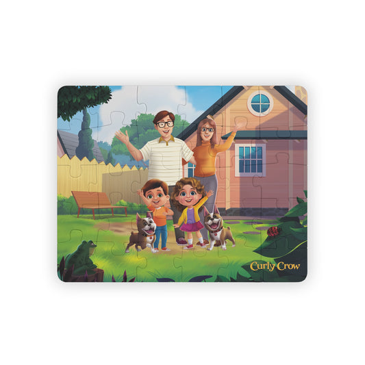 Completed puzzle of Rooger, Loki, and their human family waving cheerfully outside their home.