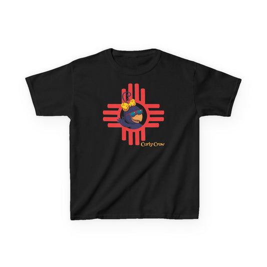 A black crew neck t-shirt with a colorful front graphic print of Curly Crow inside the NM Zia symbol.
