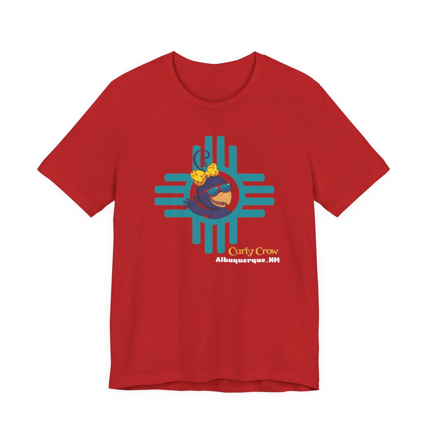 Red t-shirt with a graphic design on a white background