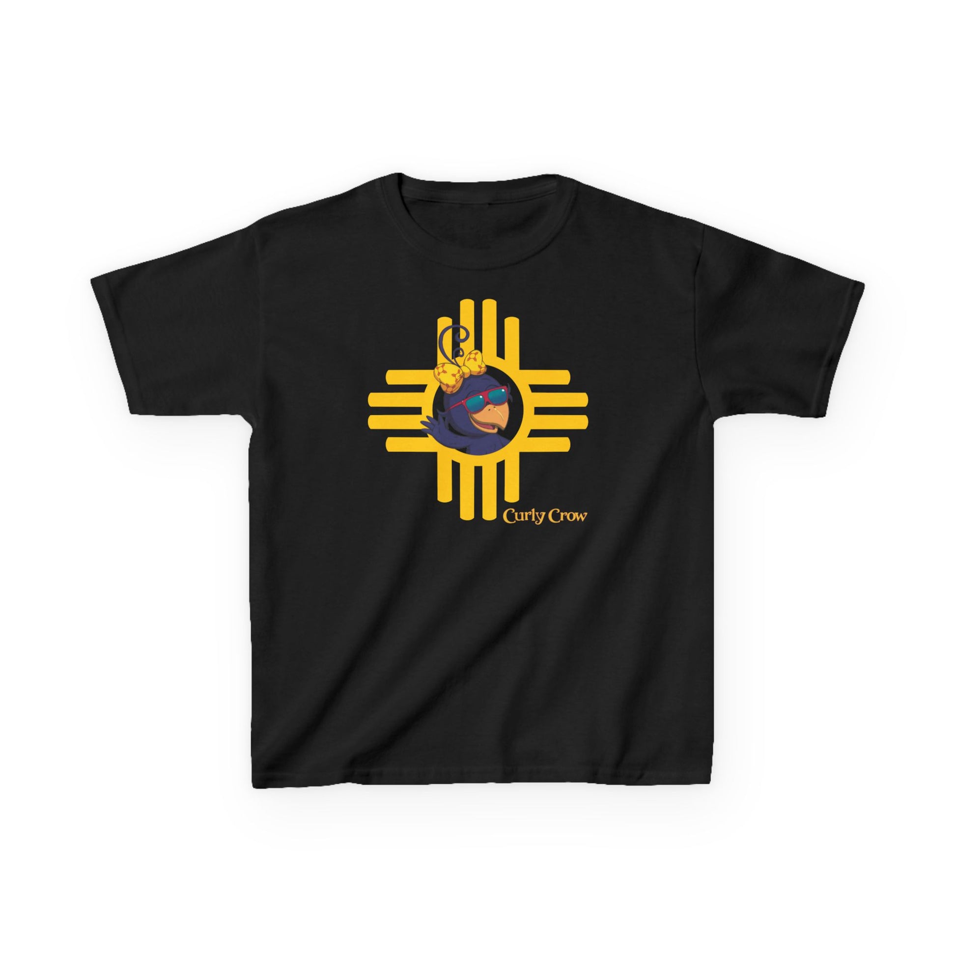 A black t-shirt with a yellow Zia symbol and Curly Crow wave design.