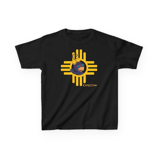 A black t-shirt with a yellow Zia symbol and Curly Crow wave design.