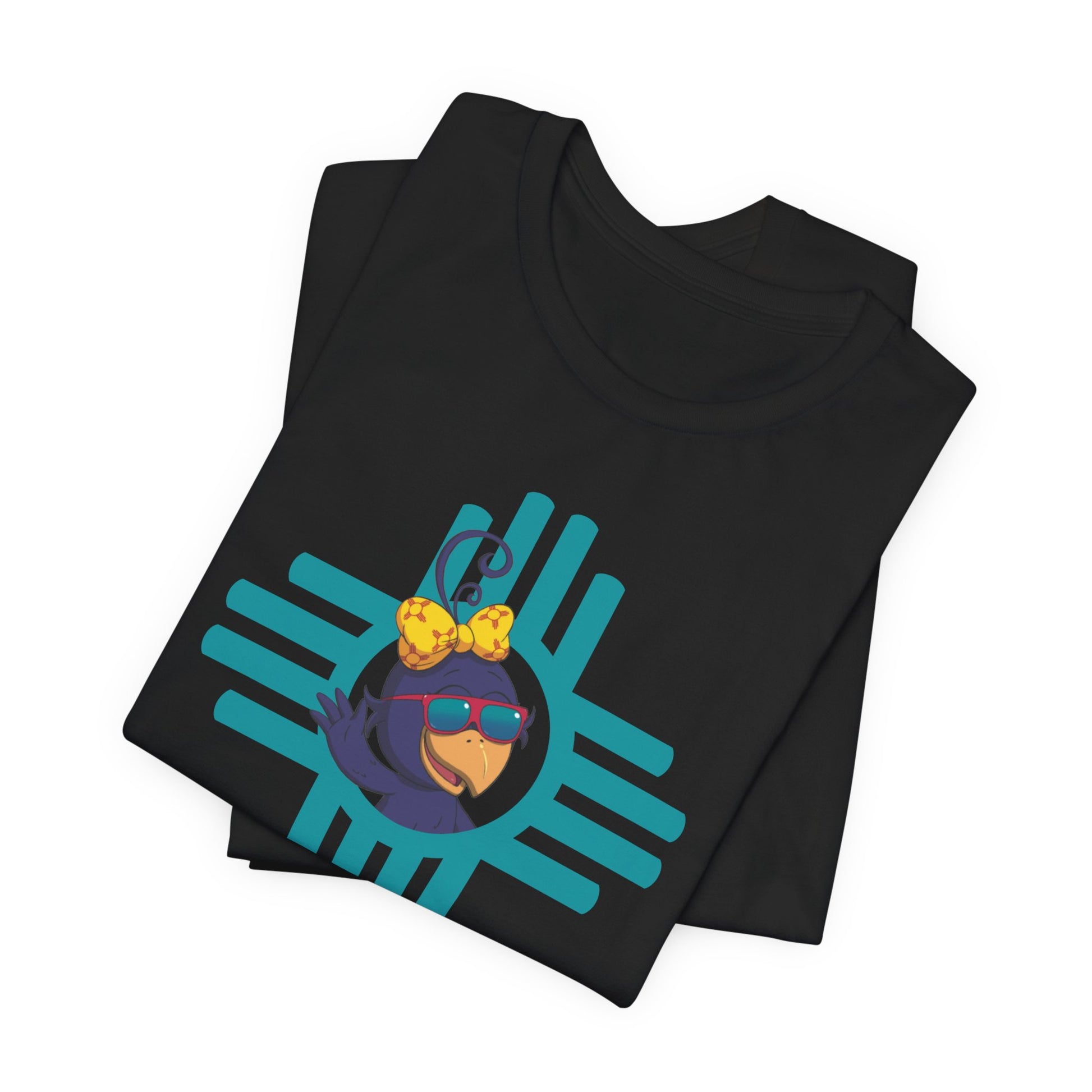 Black t-shirt with a colorful Curly Crow New Mexico Zia graphic design on a white background