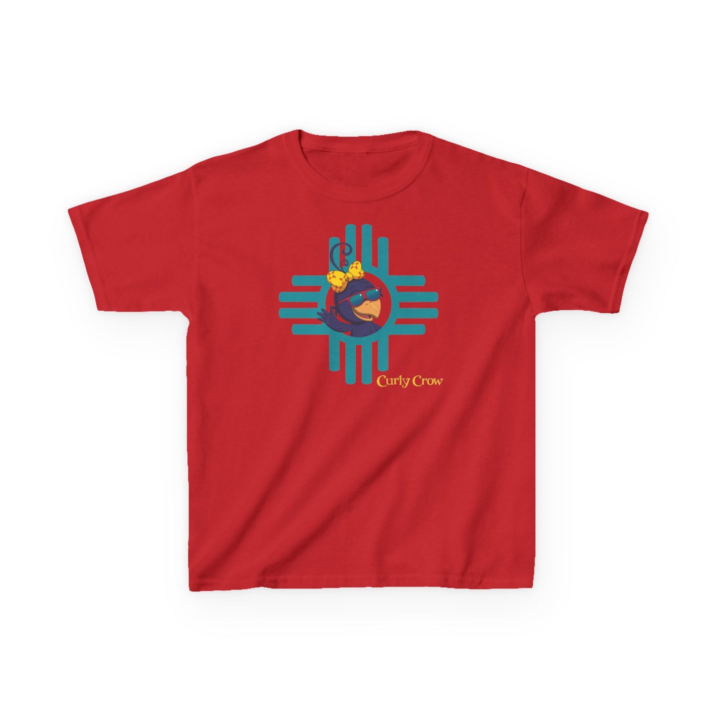 Red t-shirt with a colorful graphic design on a white background