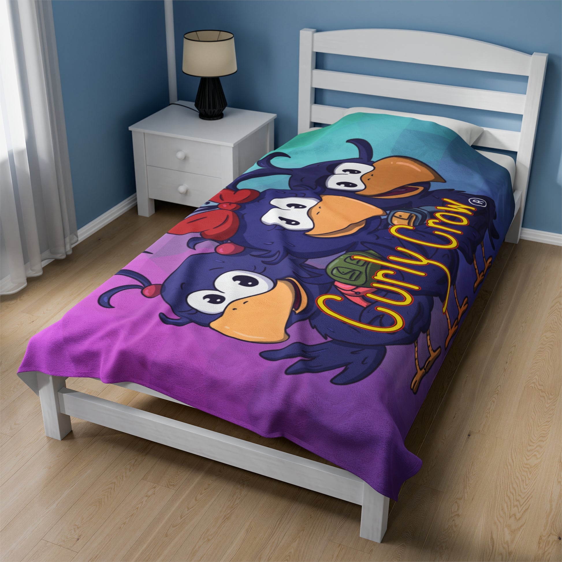 Curly Crow kids blanket on twin bed for kids