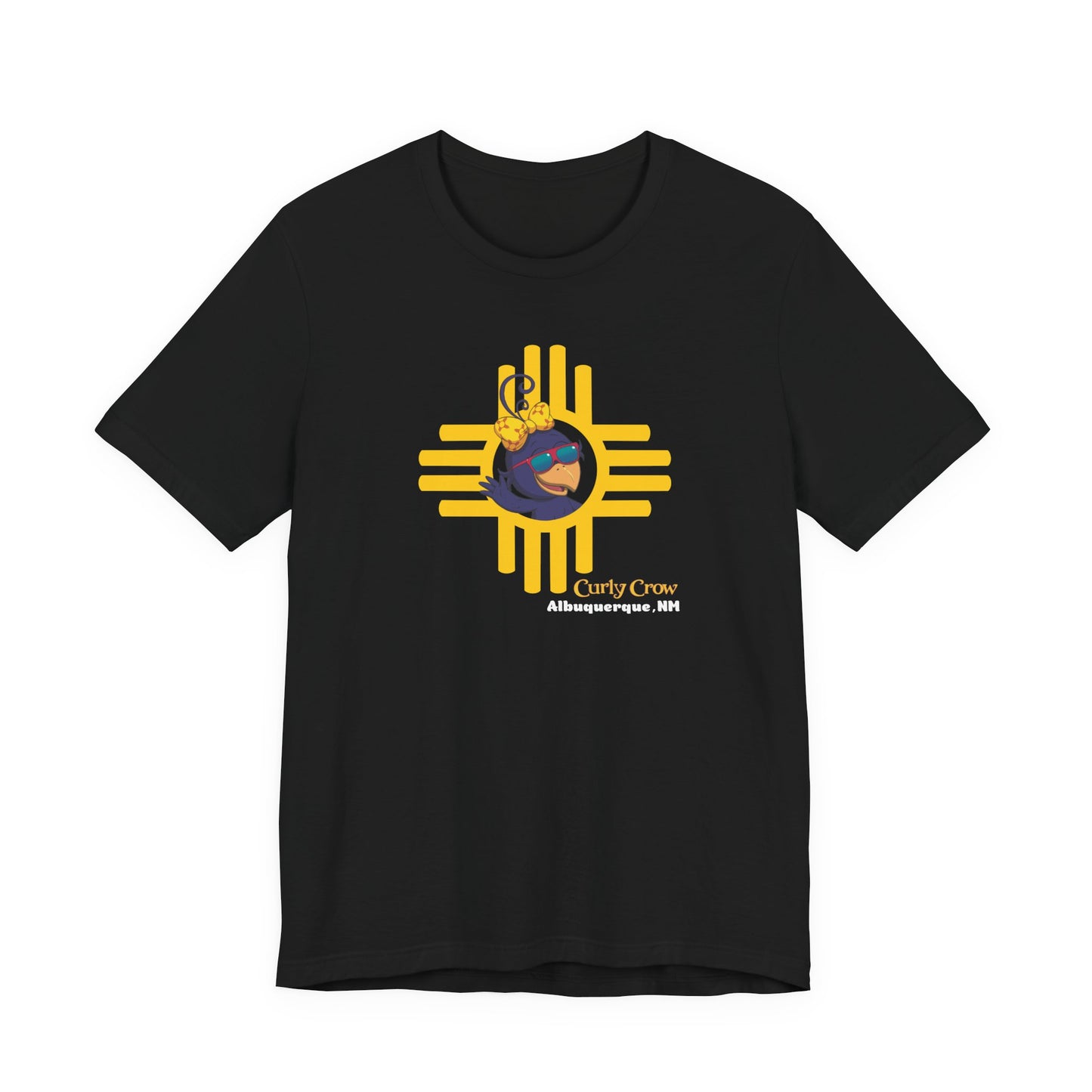 Black t-shirt with a colorful Curly Crow New Mexico Zia graphic design on a white background