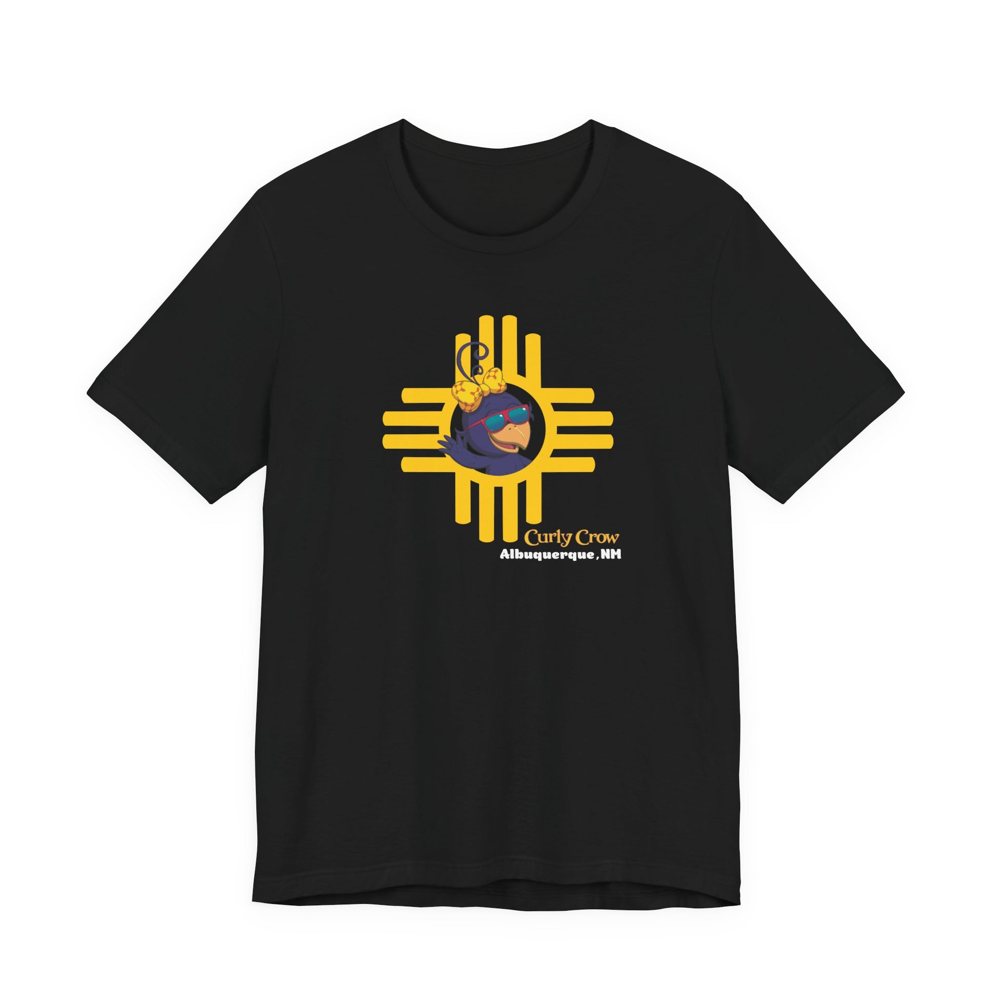 Black t-shirt with a colorful Curly Crow New Mexico Zia graphic design on a white background