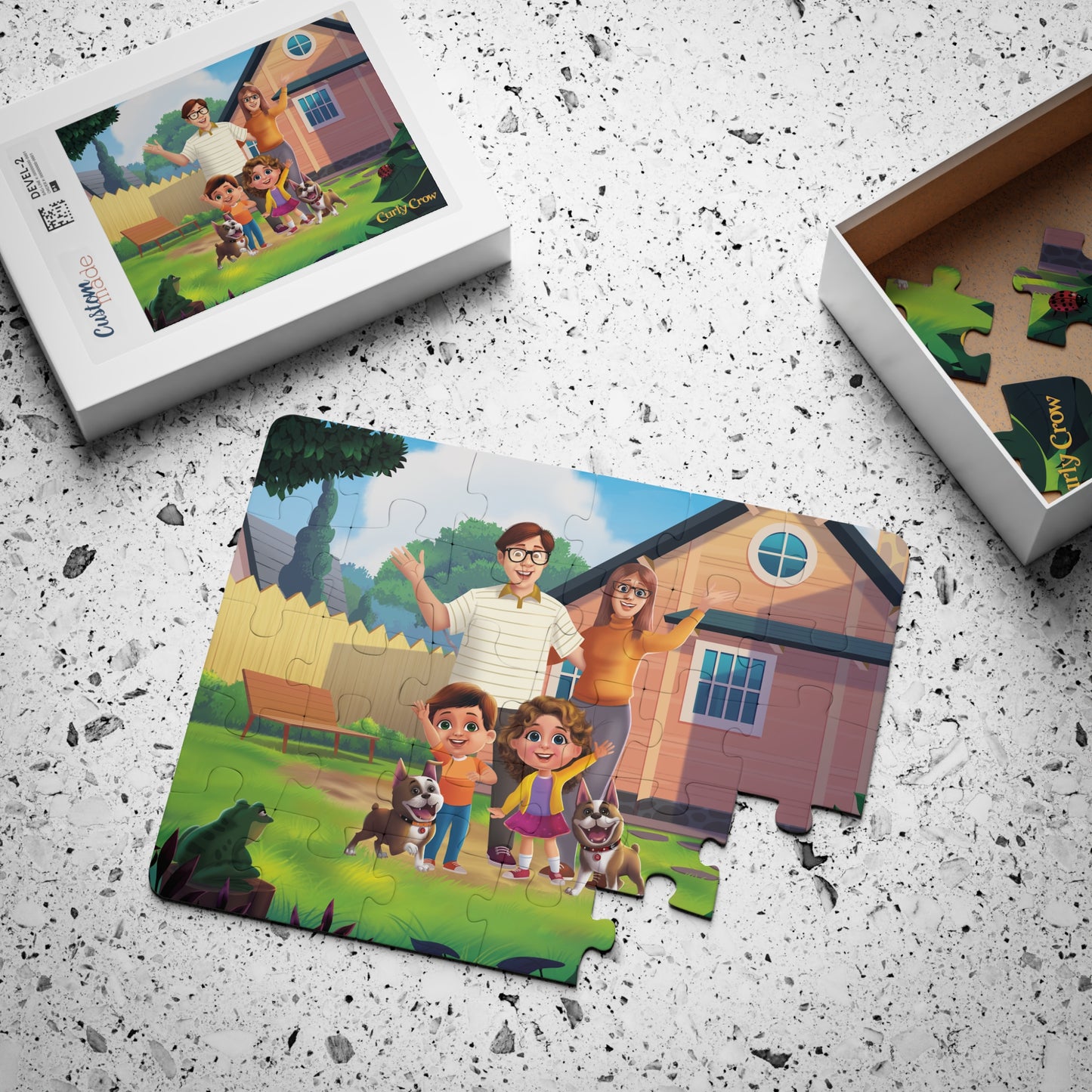 Puzzle box featuring the family scene artwork and reference photo for assembly.