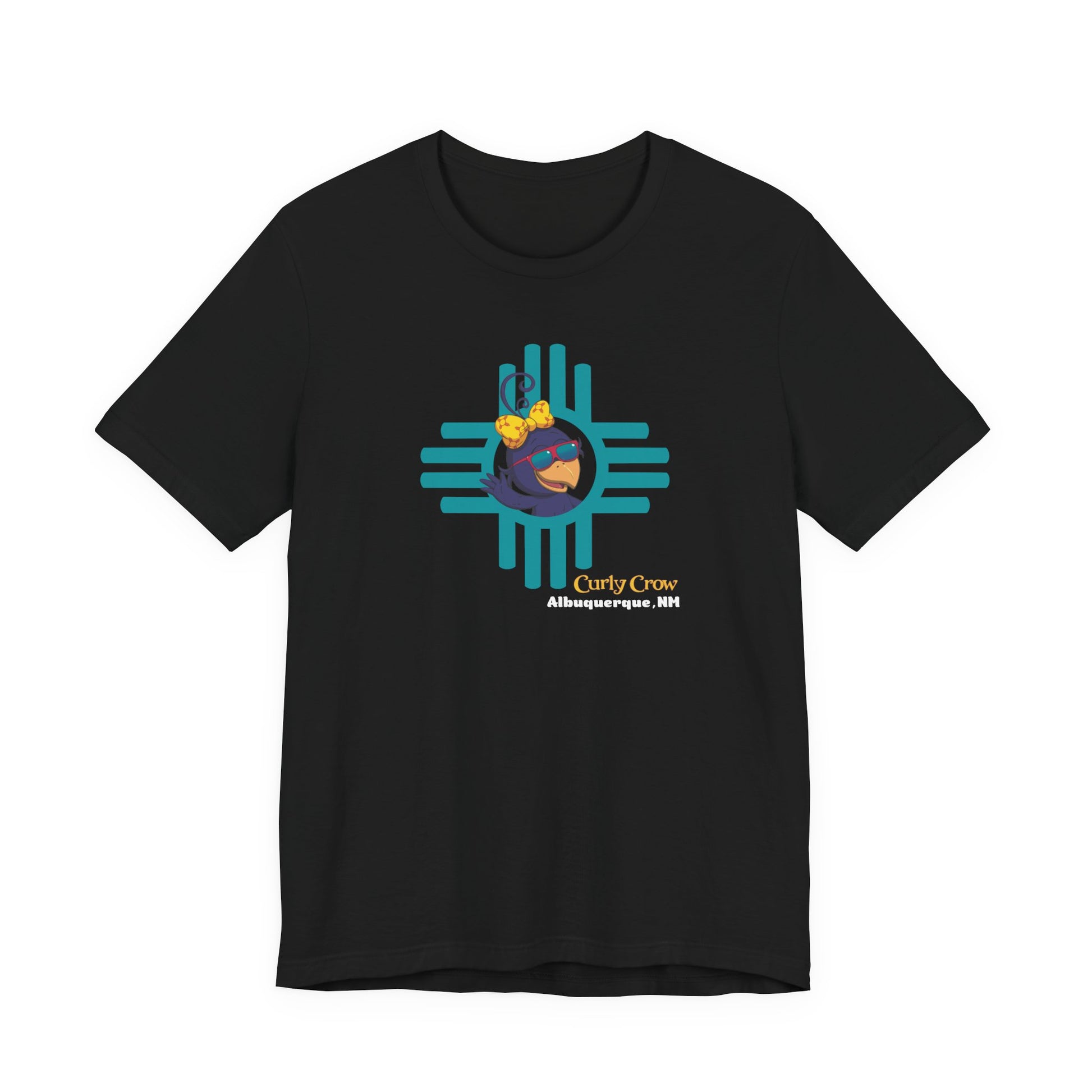 Black t-shirt with a colorful Curly Crow New Mexico Zia graphic design on a white background