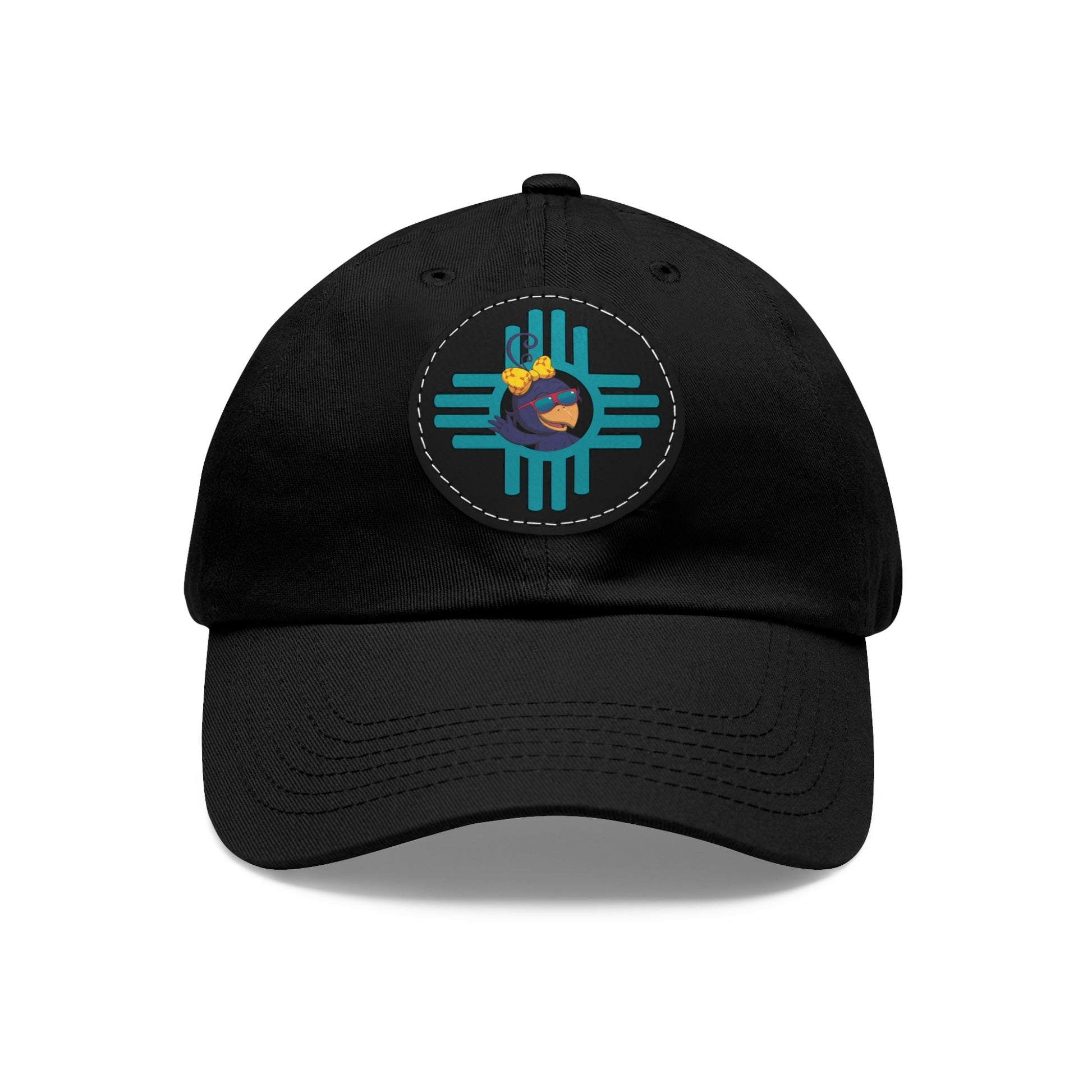 Black cap with an embroidered design on a white background