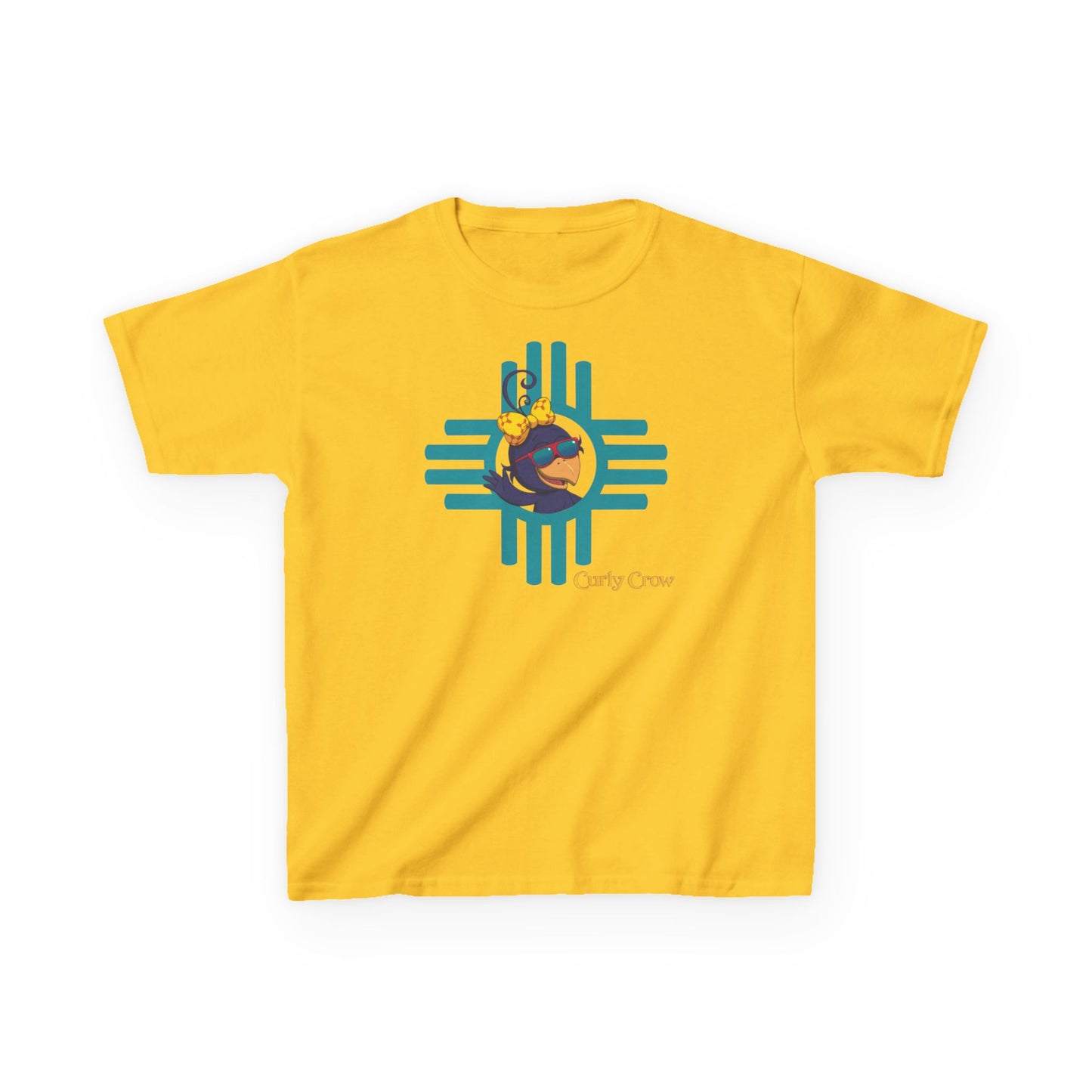 Yellow t-shirt with a blue and green graphic design on a white background
