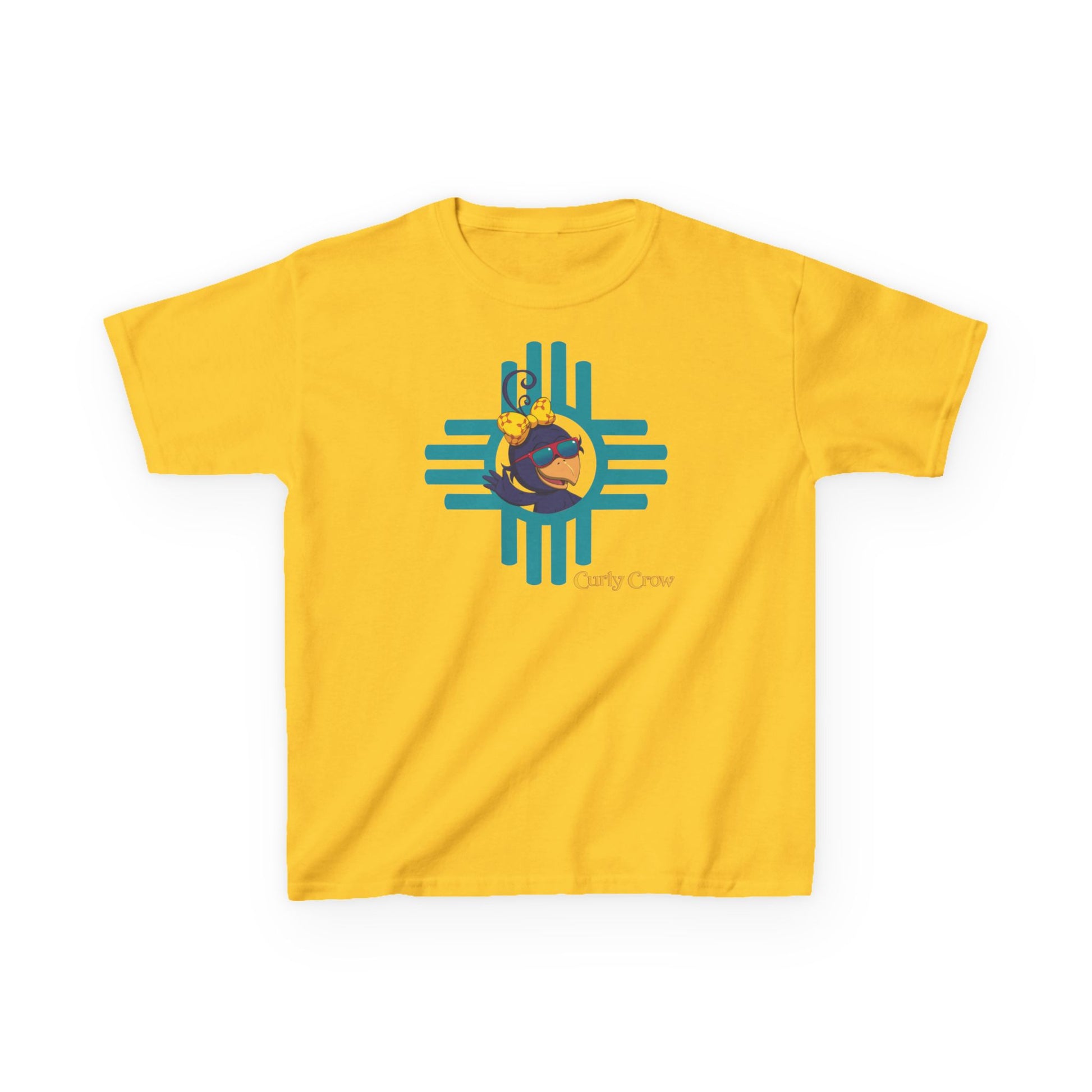 Yellow t-shirt with a blue and green graphic design on a white background