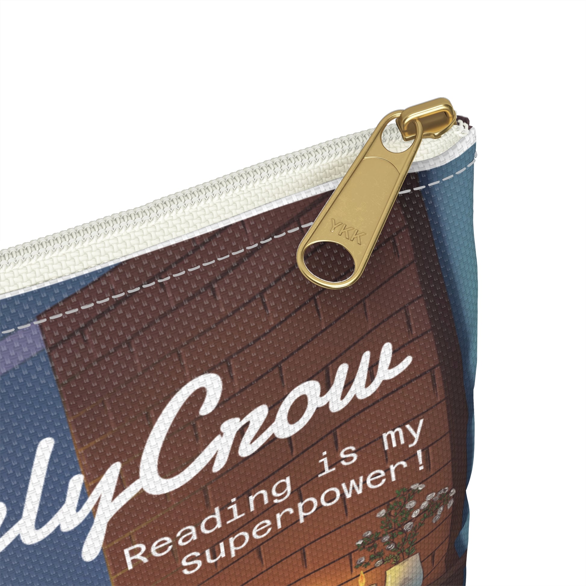 Pouch with 'Fy Croon' branding and text 'Reading is my Superpower!' on a white background