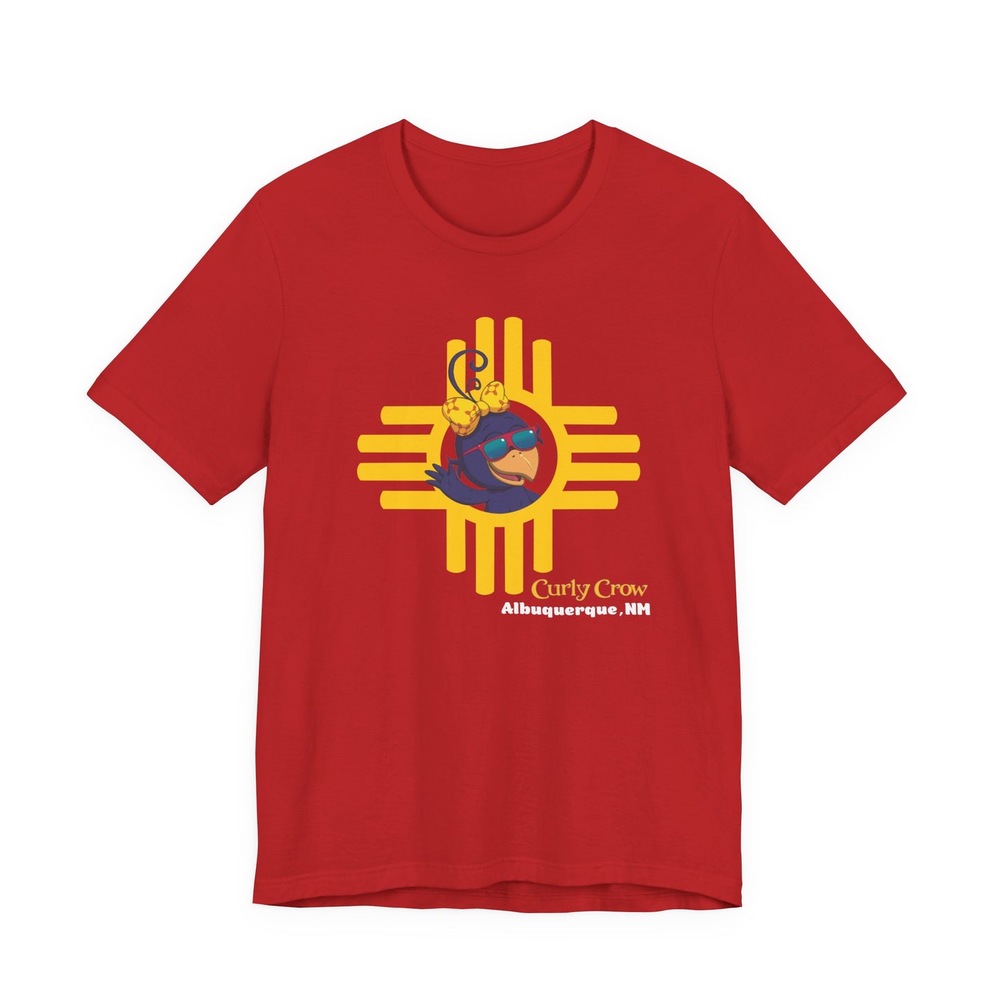 Red t-shirt with a yellow and blue graphic design on a white background