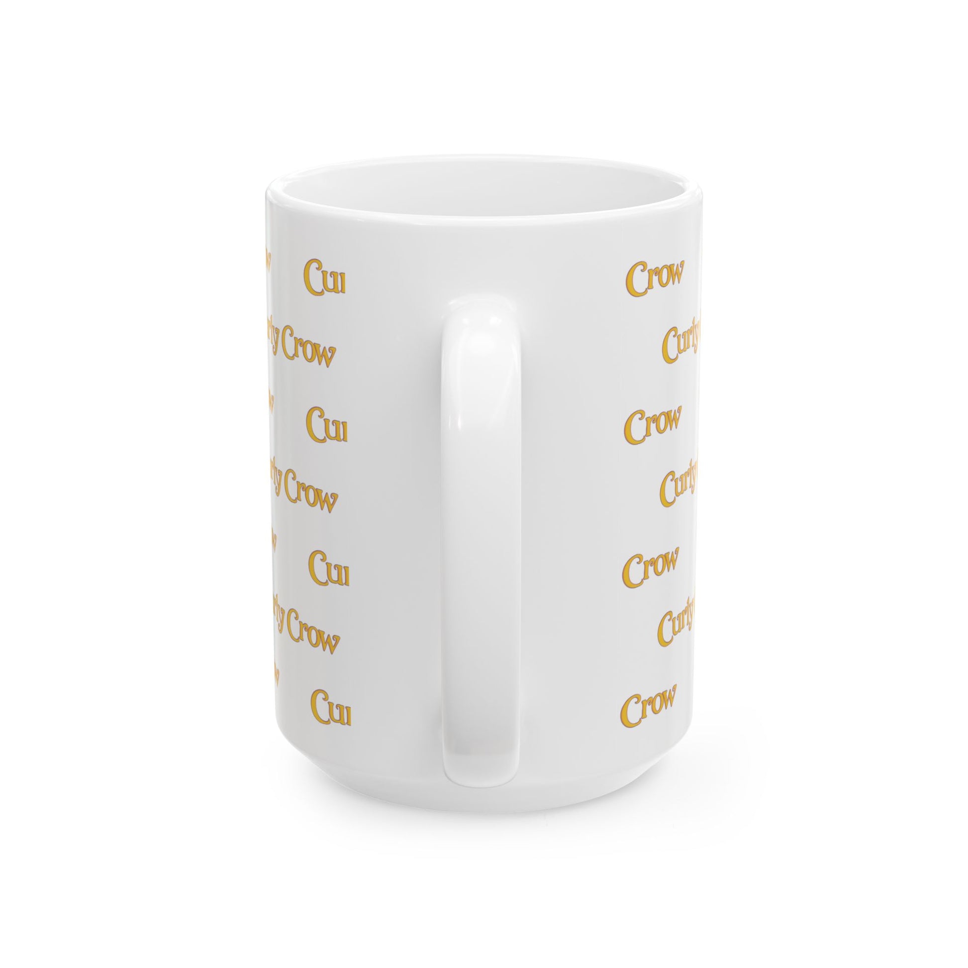 White mug with gold text on a white background