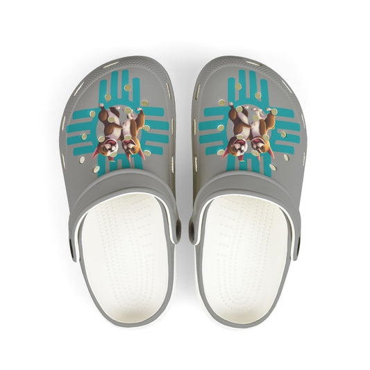 Gray clogs with cartoon dog design on a white background