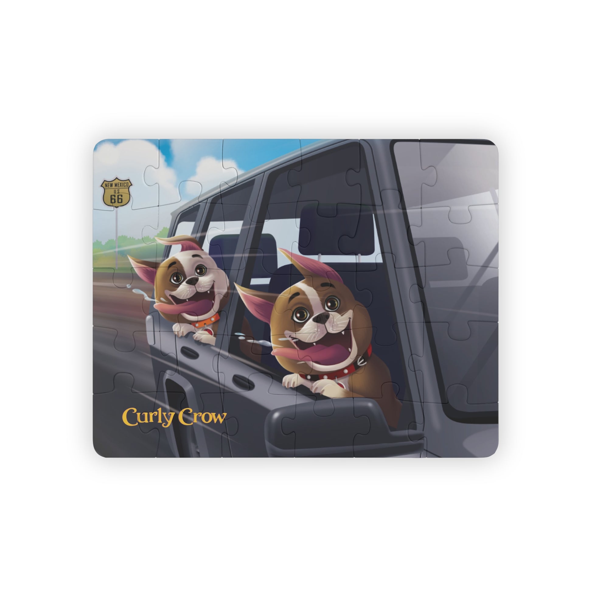 Completed puzzle of Rooger and Loki enjoying a car ride, with colorful scenery, a Route 66 sign, and a bright blue sky.