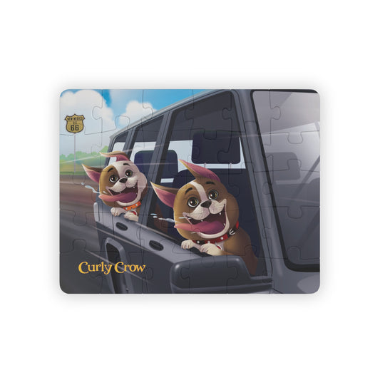 Completed puzzle of Rooger and Loki enjoying a car ride, with colorful scenery, a Route 66 sign, and a bright blue sky.