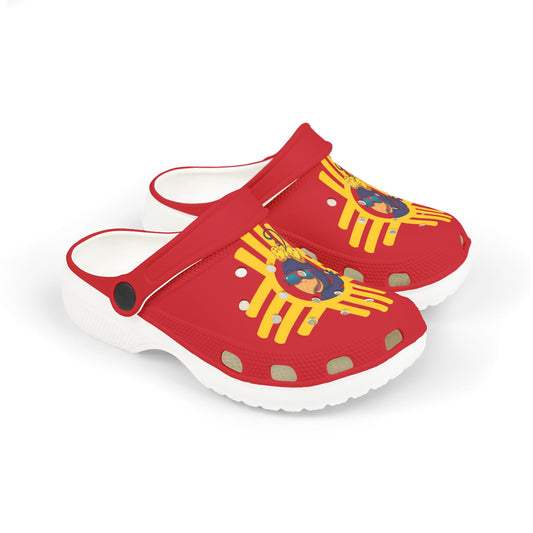 Red children's shoes with white soles and yellow New Mexico Zia