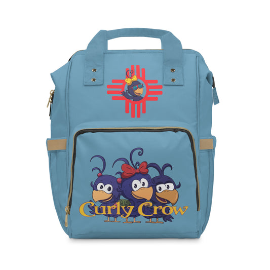 Blue backpack with 'Curly Crow' design on a white background