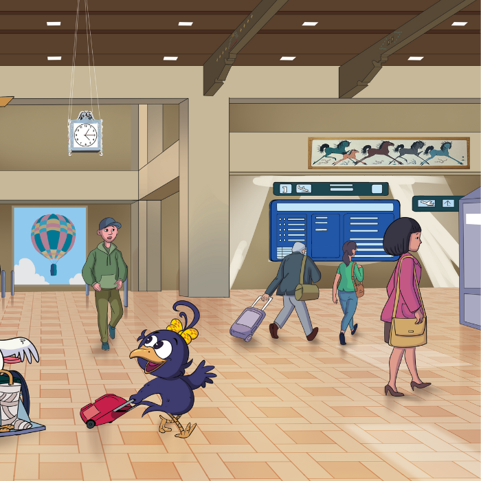 A charming scene from Curly Crow Goes to the ABQ Sunport, showing the iconic horse sculptures in the Great Hall, accompanied by Pop Chalee's Buffalo Mural and Horse Mural painted in casein on canvas. Curly Crow walks by the iconic clock hanging in the center of the Great Hall, admiring the artistic beauty and cultural significance of the space.