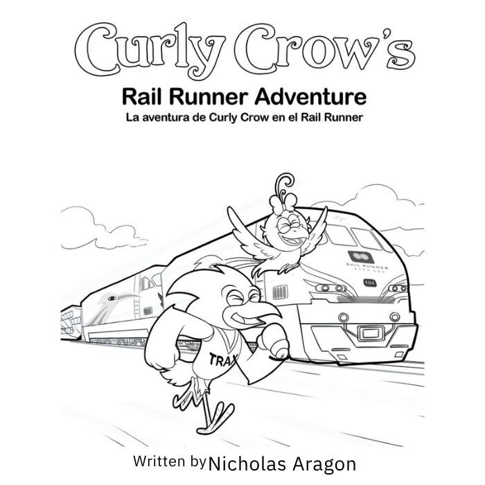 Cover of 'Curly Crow's Rail Runner Adventure' with a cartoon crow and train.